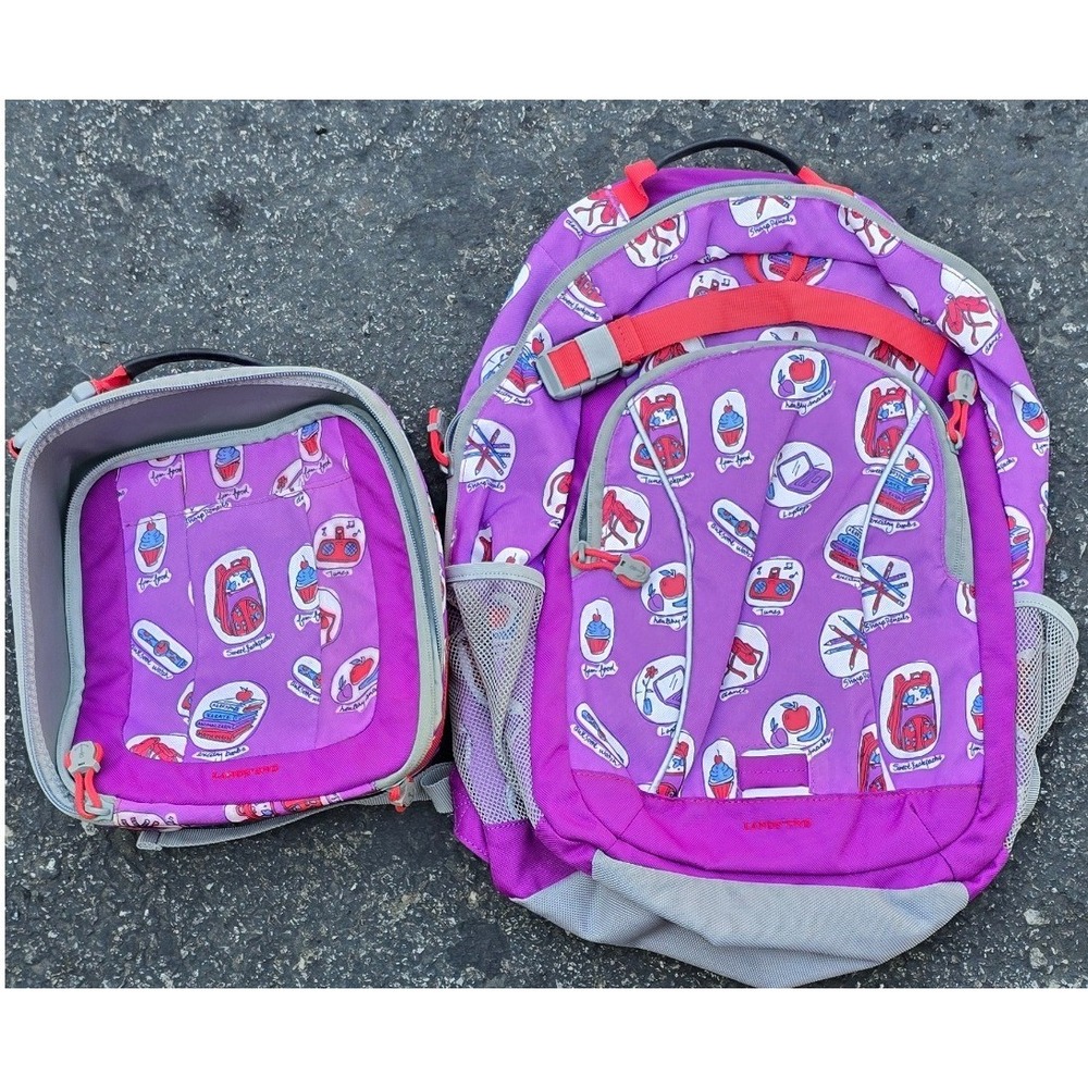 Lands End Kids Backpack & Lunch Box Set Purple School Novelty Print Vintage NOS